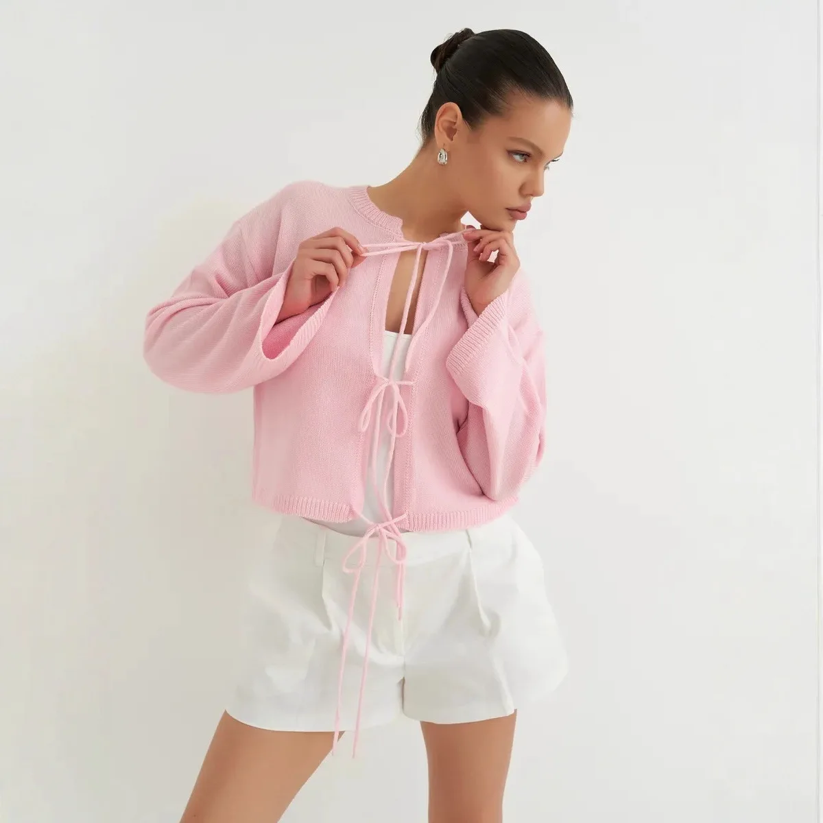 Crew Neck Lace-up Knitted Cardigan Jacket Autumn and Winter 2026 New Solid Color Commuter Simple Sweater Women