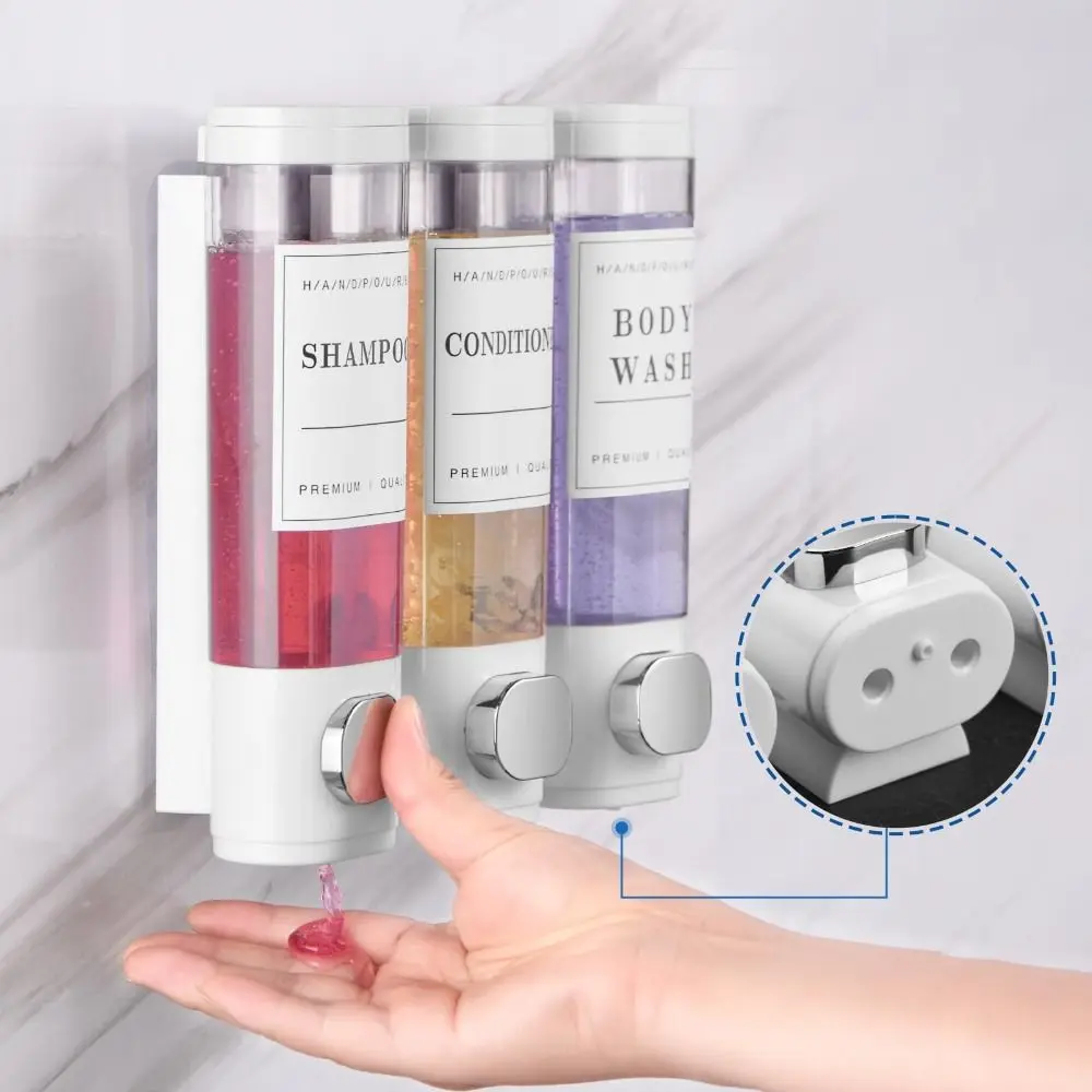 Dispensador de champú montado en la pared, sin taladro, 2x300ml/3x300ml, dispensador de jabón de ducha, dispensador de acondicionador blanco transparente