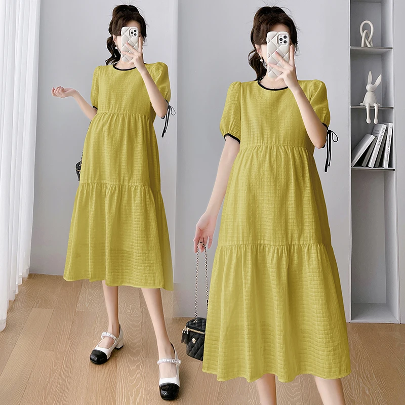 

Summer Maternity Dresses Short Sleeve O-Neck Pregnancy Chiffon Dress with Lining Belt Lacing Fashion Pregnant Women Loose Dress