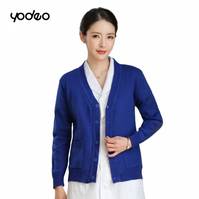 Hospital women nurse sweater coat thickened routine style windproof warm knitted cardigan, wear-resistant nurse working clothes