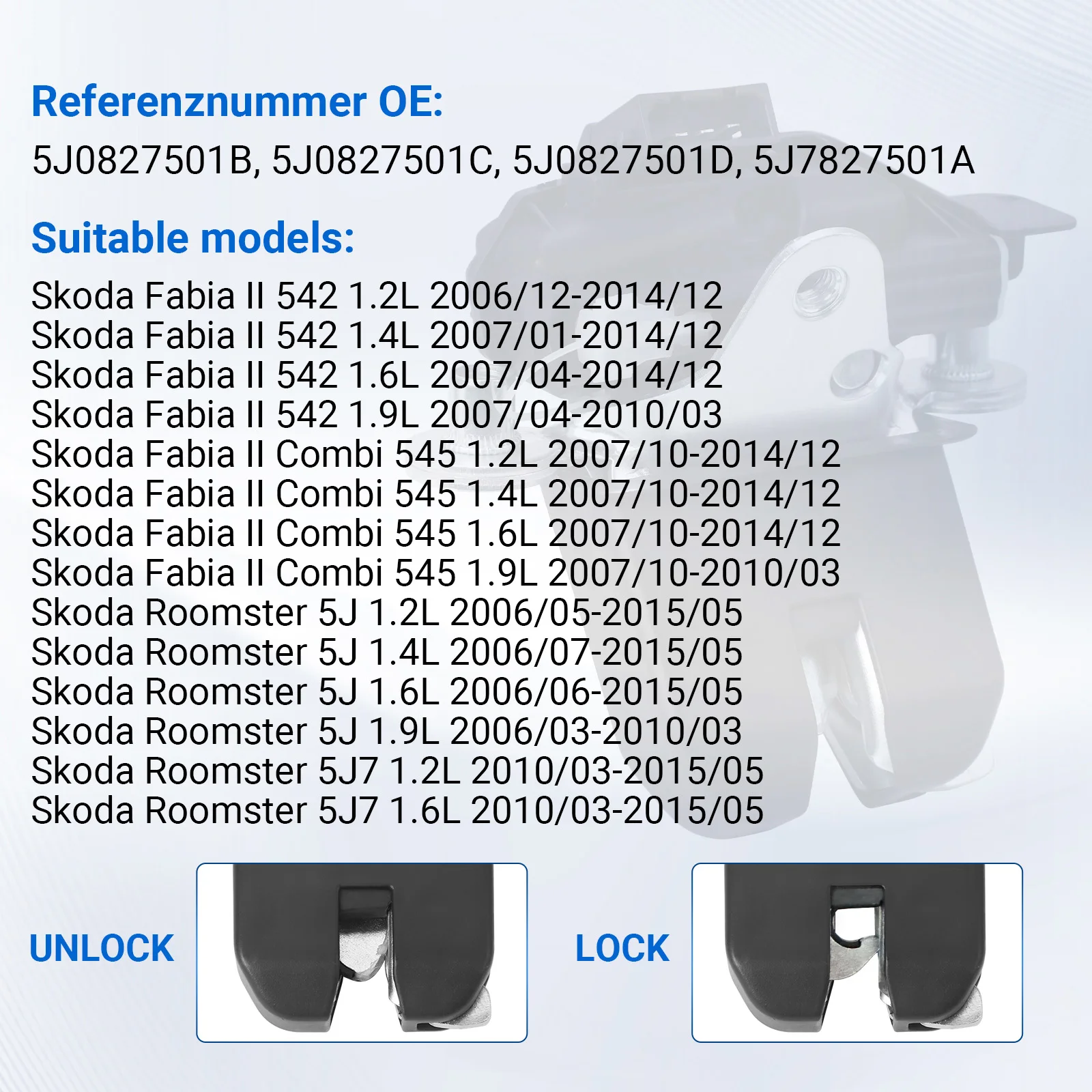 Tailgate Trunk Latch Mechanism Trunk Door Lock Actuator Fit for Skoda Fabia Roomster 2006-2015 5J0827501D 5J0827501B 5J0827501C 6