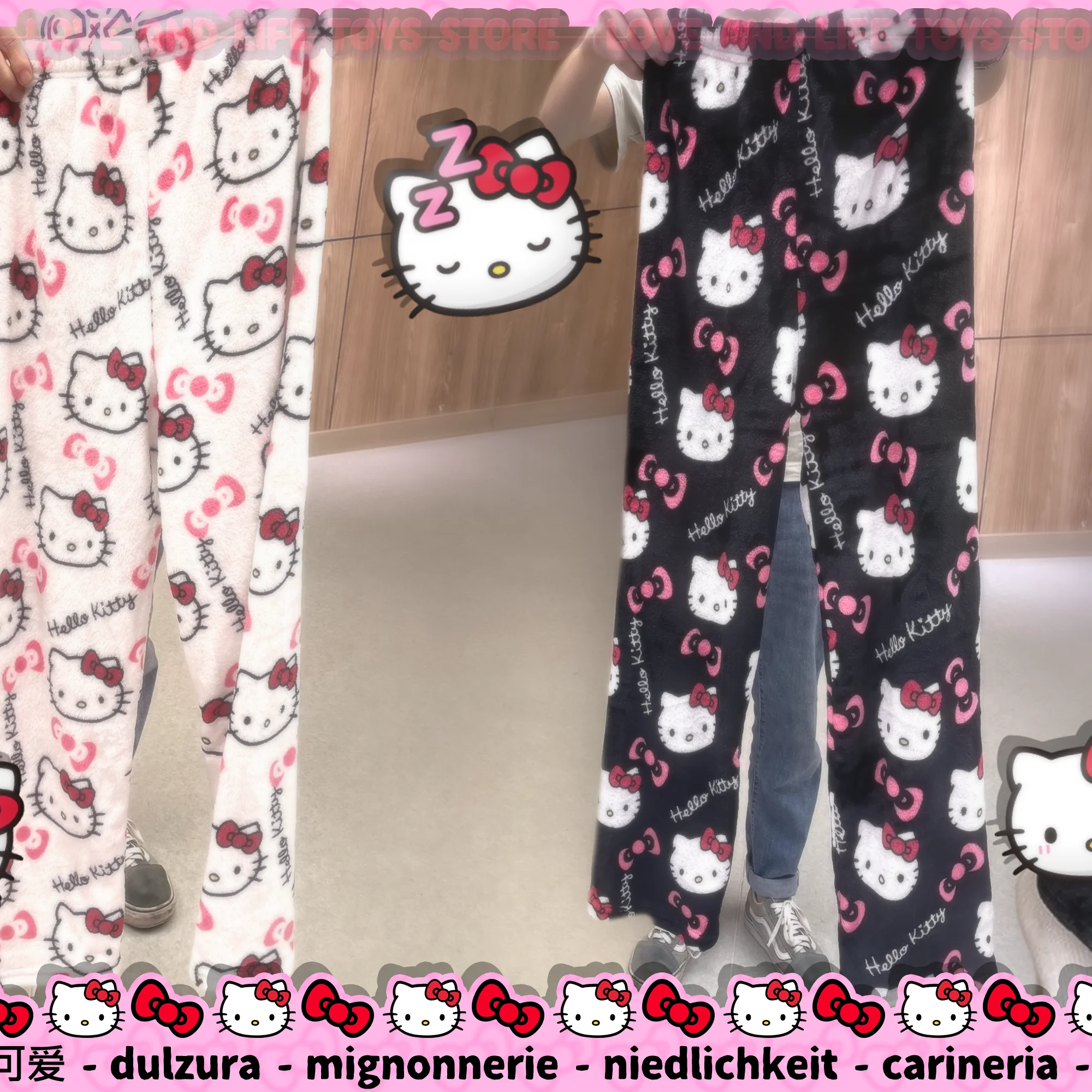 Anime sanrio Hello Kitty Pajamas Pants Black Pink Flannel Women Warm Woolen Whitecartoon Casual Home Pants Autumn Grils Trousers