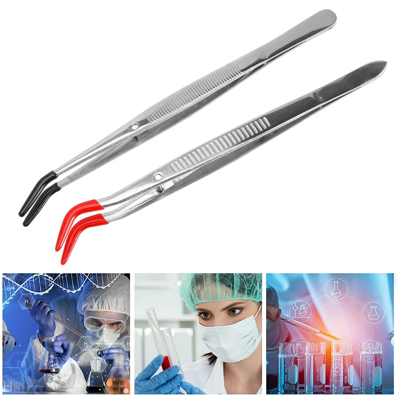 2 PCS Tweezers Curved Bent Rubber Tip Tweezers Stainless Steel Crafts Tweezers For Lab Jewelry Making