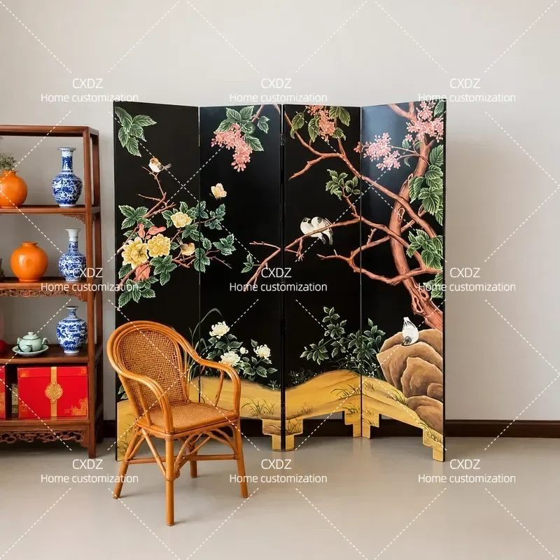 Medieval Style Black Folding Screen Room Divider for Living  Dining Room Tea Retro Relief Hand Painted Flower Bird