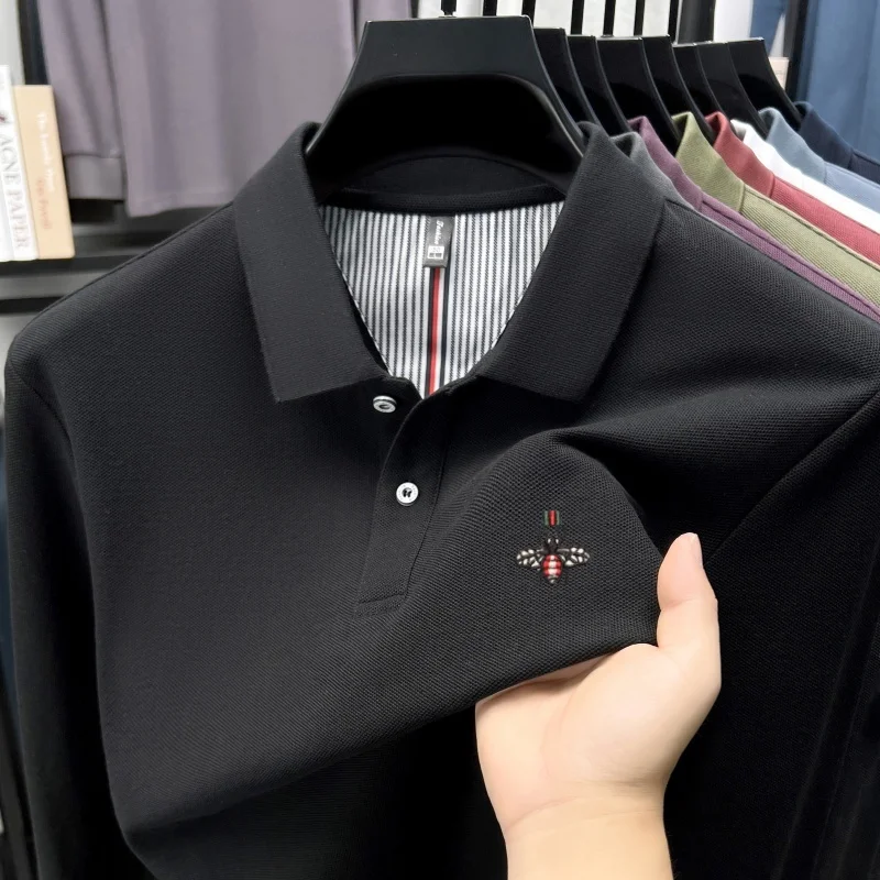 

100% cotton men's long sleeve polo shirt high-end fashion brand bee autumn new comfortable Korean style casual lapel T-shirt