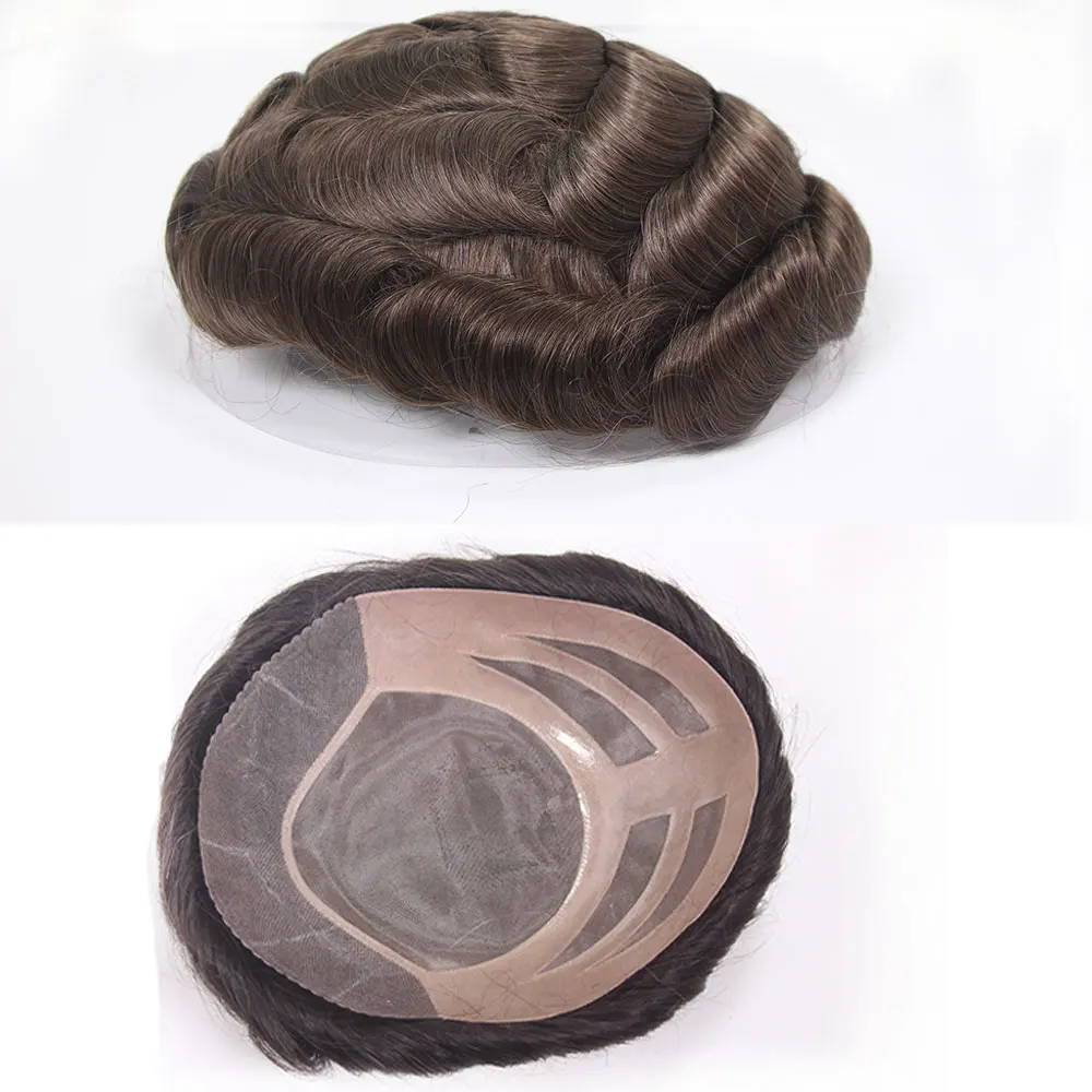 

Teraman Mens Hair Toupee Human Hair Pieces Durable Replacement System Fine Mono Hair Unit Bond Medium Brown 4# for Men's Wigs