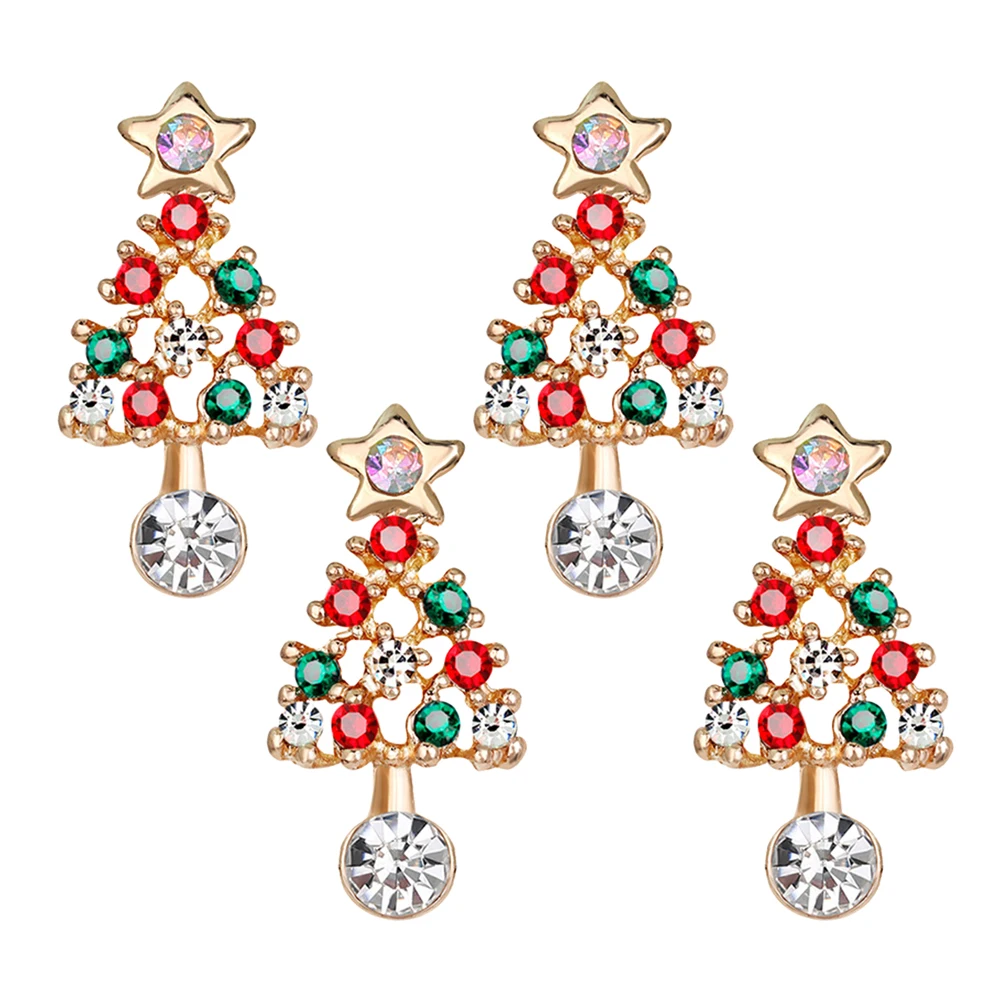 

4pcs Christmas Tree Earrings Enamel Alloy Studs Rhinestone Pendant Fashion Women Jewelry Lightweight Safe Sensitive Ears