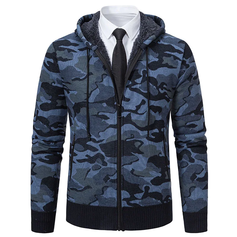 Cárdigan con capucha para hombre, suéter de punto, abrigo, forro polar, chaquetas de punto de camuflaje informales para otoño e invierno