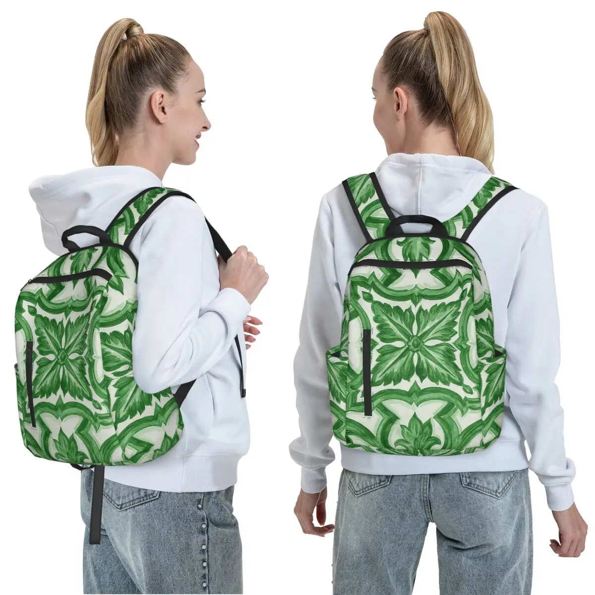 Green Ornate Floral Mediterranean Sicilian Tile Backpack Daypack Large Capacity BookBag School Bag Shoulder Bags for Men Women
