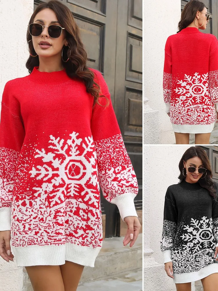 Autumn Winter New Women\'s Christmas Woolen Skirt Fashion Printed Snowflake Jacquard Lantern Sleeve Loose Knitted Dress