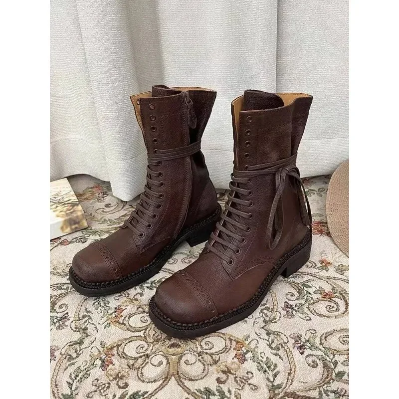 New Maillard Leather Shoes Women Ankle Boots Girl Trend Lace-up Motorcycle Boots Rock Punk Fashion Low Heel Shoes Spring Autumn