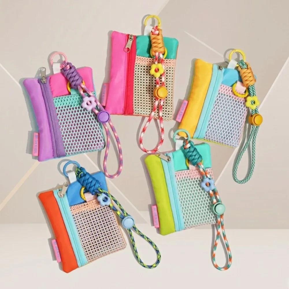 Creative Contrasting Mesh Key Coin Purse Zipper Lightweight Storage Pouch Portable with Lanyard Card Bag for Commute Travel Use