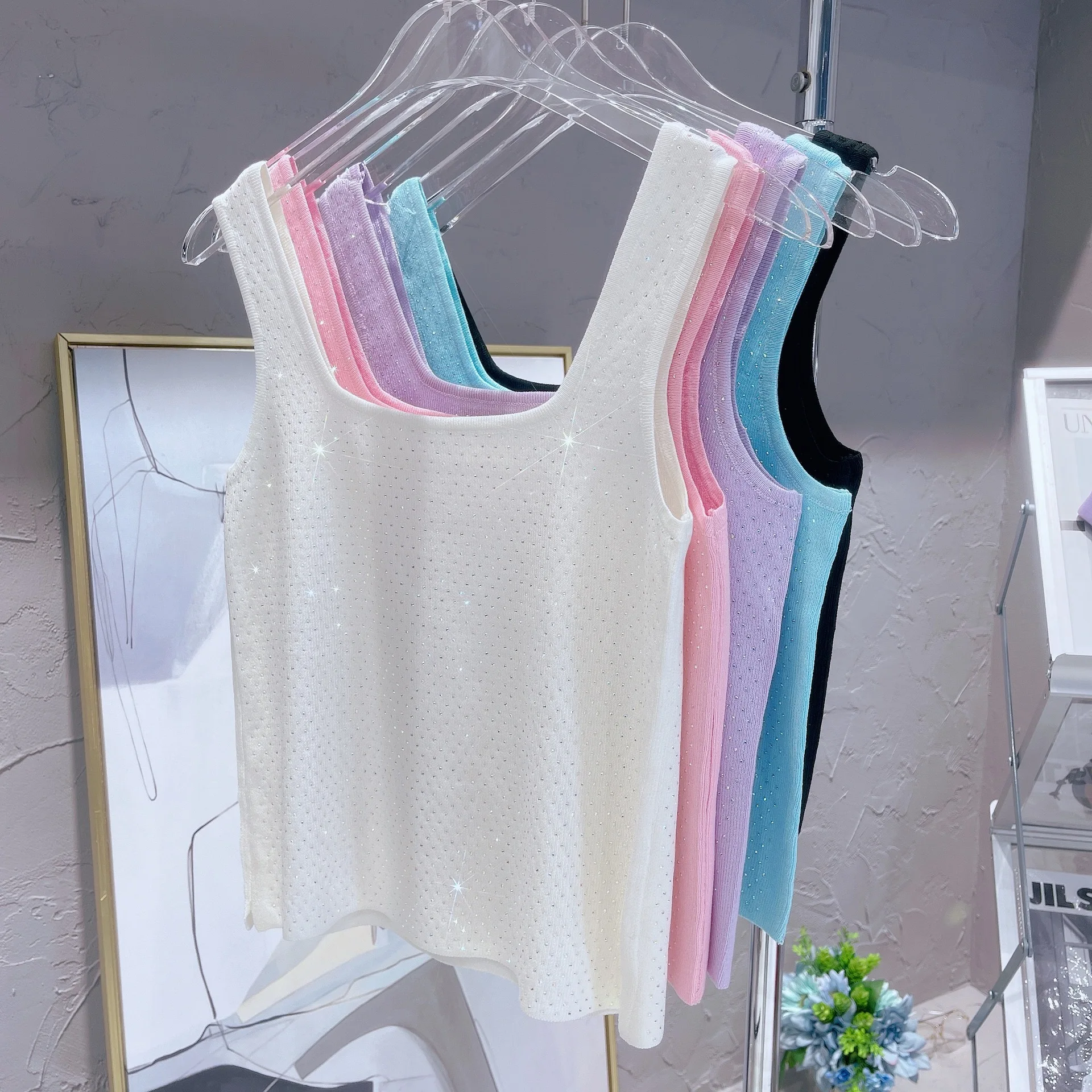 Shiny Diamond Full Body Square Collar Vest Ice Silk Knitted Camisole Women Sweet Candy Color Stretch Slim Fit Crop Top Female