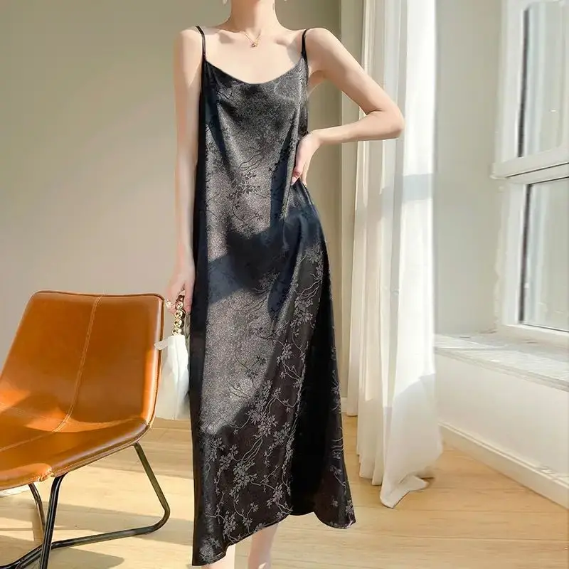 Satin jacquard sling 2024 Summer new thin over the knee mid-length dress temperatre