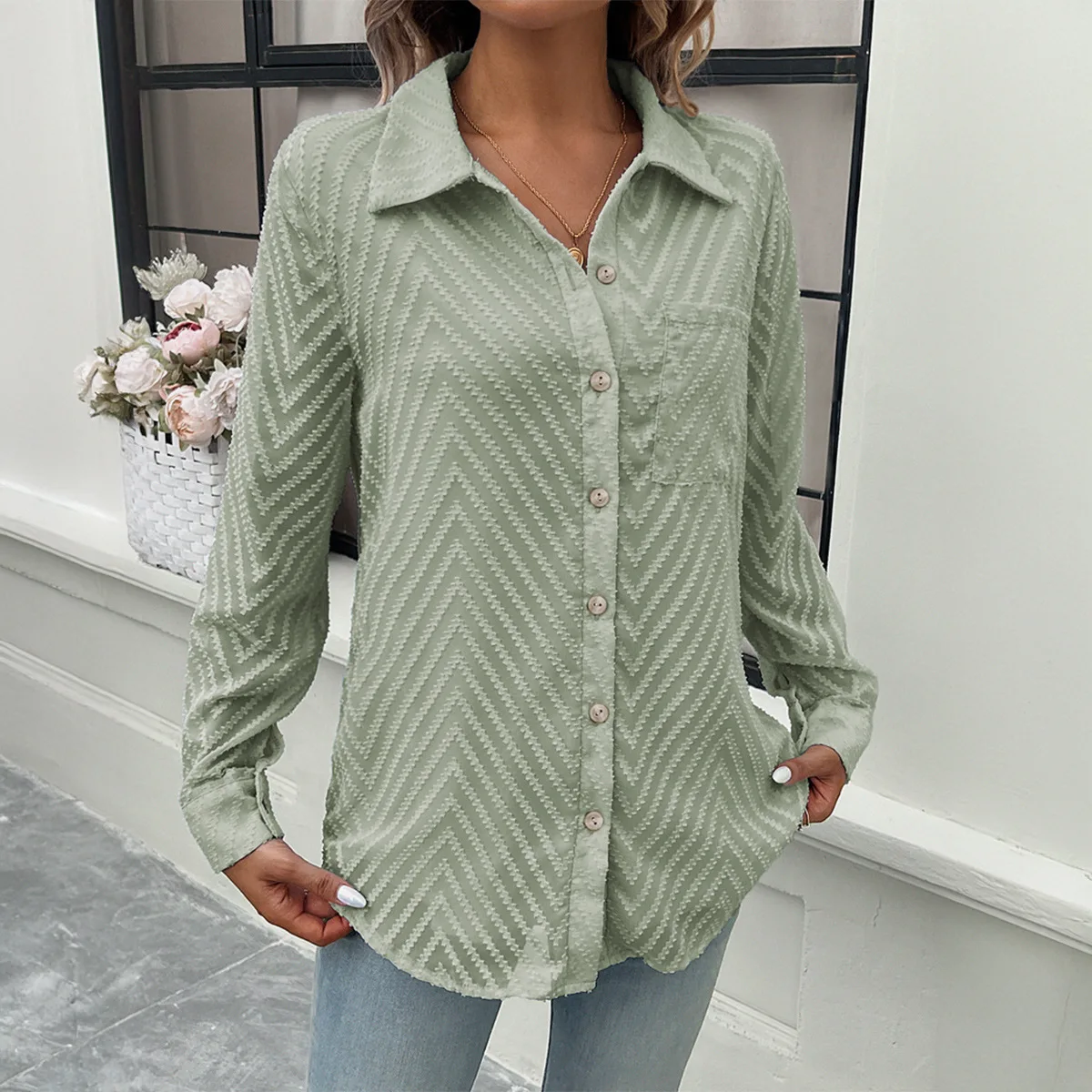 Damen T-Shirt Kleidung Damen Kleidung Top Damen Basic All-Match Tops Einfarbiges Hemd Pendler Jacquard Langarmbluse