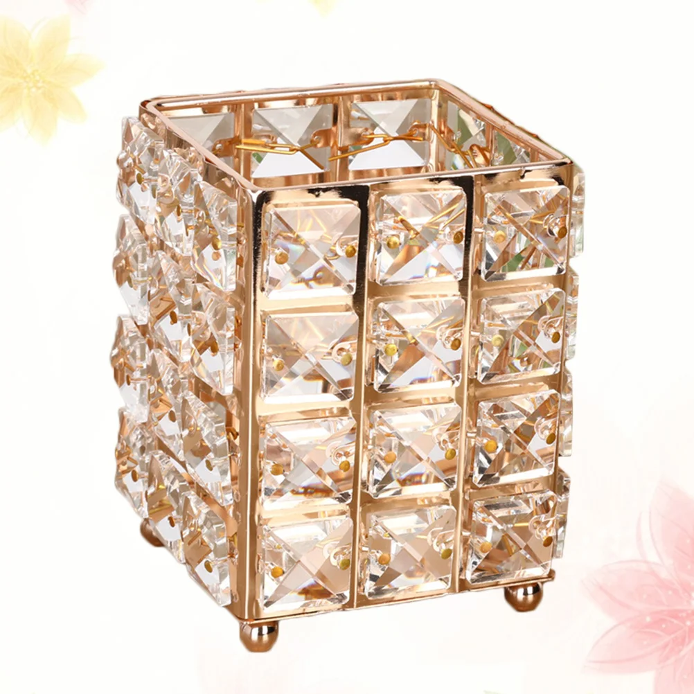 Golden Crystal Makeup Brush Pot Pen Pencil Holder Desk Organizer Scratch Resistant Modern Design Vanity