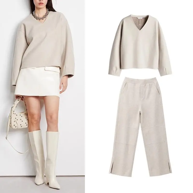 

Autumn Winter New Arrival Women's V-ne Fce Sweatirt And Wide Leg Pants Two-piece Set Long Sve Hoodie Faionable Ou...