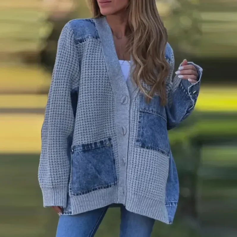 

2025 Cardigan Damen Swetry Damskie Winter Versatile Patchwork Button Long-sleeved Versatile Sweater Women Knitted Sweater Jacket