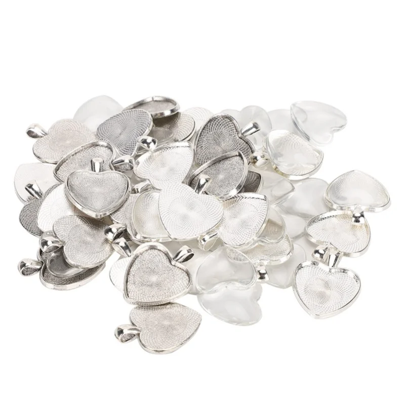 60pcs Pendant Trays Heart Shaped Pendant Setting Cabochon Base Setting With Glass Cabochon