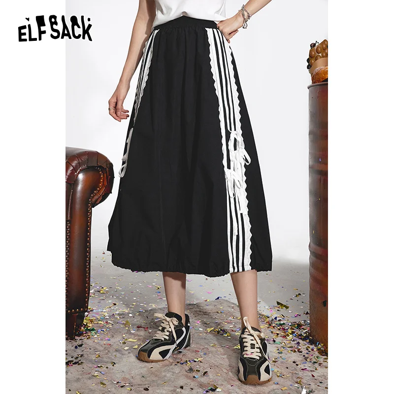 

ELFSACK 2024 Summer New Arrivals Lace patchwork high waisted midi skirt for women's casual sports mid length skirt