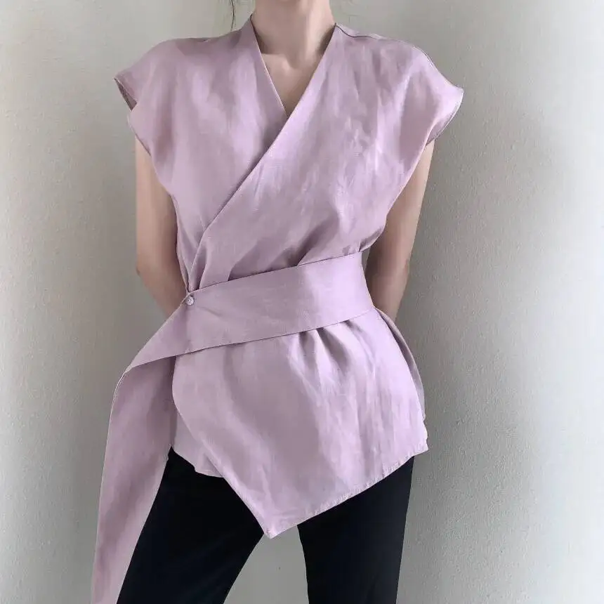 

V-neck Ladies Office Shirts One-piece Top Purple Femme Blusas Summer New Waist Strap Design Trendy Clothing