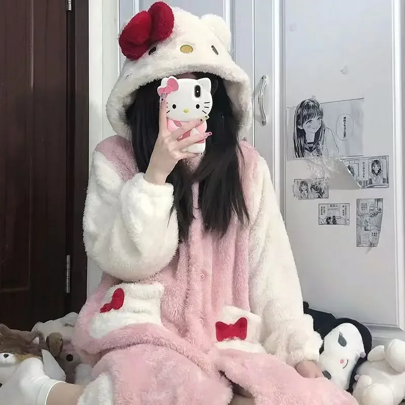 Sanrio My Melody Kuromi Winter Pajama Set for Women Thicken Warm Cartoon Hello Kitty Pyjamas Long Pant Coral Fleece Sleepwear