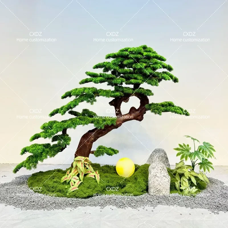 Simulated Welcome Pine Bonsai Chinese Style Zen Green Plant Decoration Indoor Landscaping Tree for Staircase Home Ornament