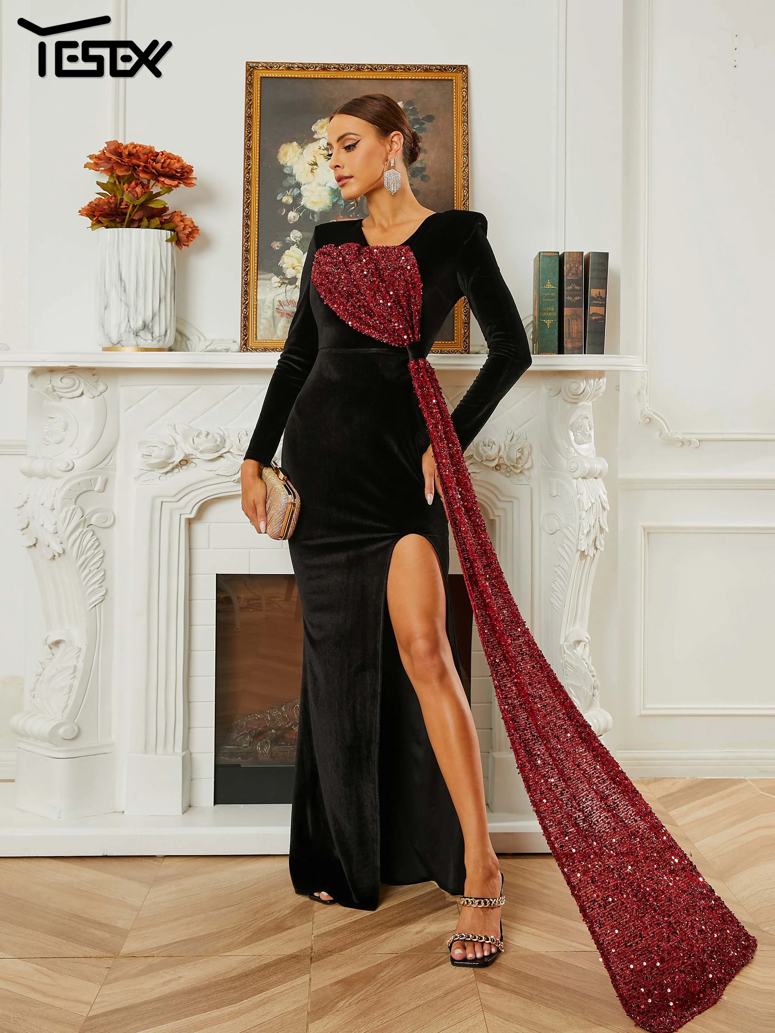 Yesexy Chic Elegant Woman Dress Formal Draped Velvet Black Split Evening Cocktail Prom Dress