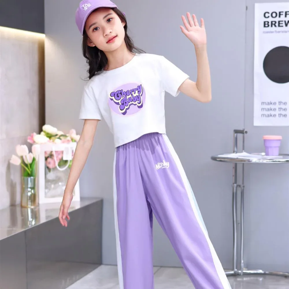 Adolescentes esporte carta impressão crop top e conjunto de leggings, treino infantil, camiseta listrada, terno de calça amarrada no tornozelo, roupas novas de verão, 2024