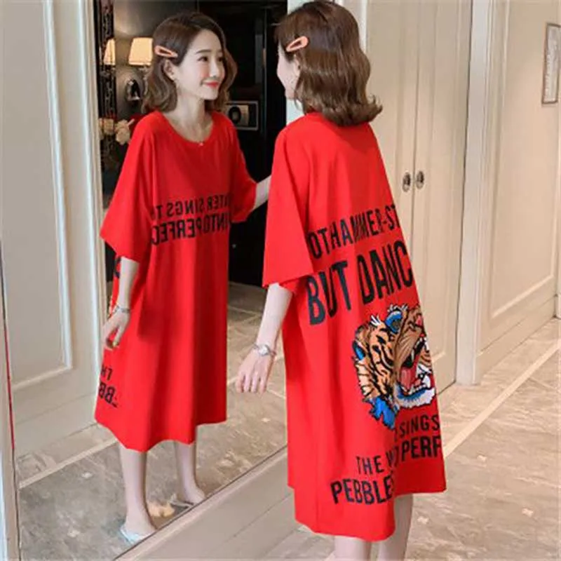 

Fashion O-Neck Loose Short Sleeve Printed Letter Casual Dresses Female Clothing 2024 Summer New Oversized Korean Midi Dress