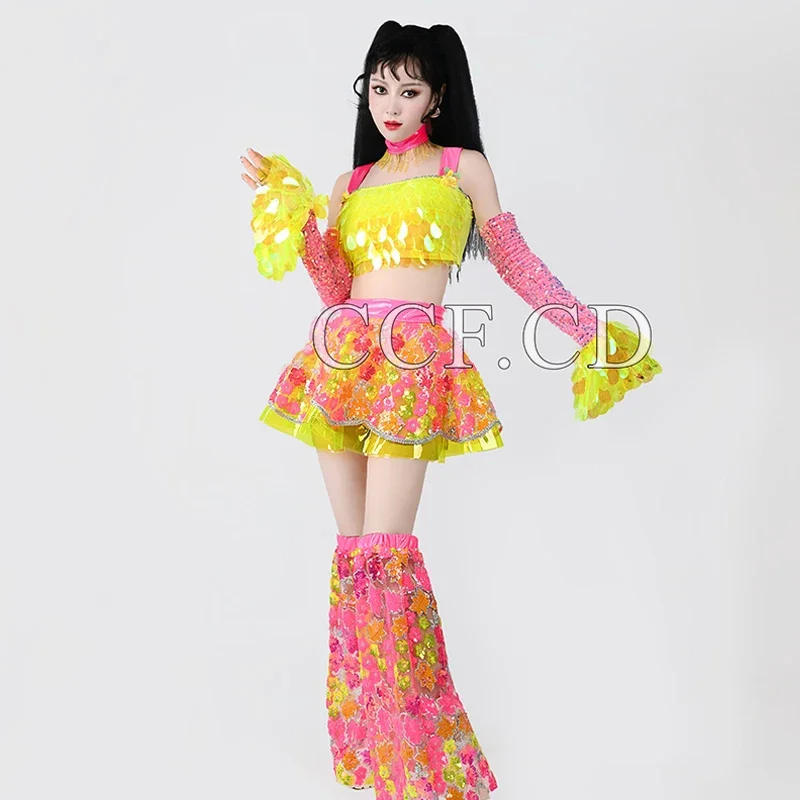 New Gogo Dance Costumea Sequin Crop Top Pink Yellow Performance Suit Nightclub Party Show Outfit Glitter Festival Rave Wear  607