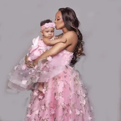 Vestido bordado de luxo para mãe e eu, Ruffles Ball Gown, Vestido floral personalizado para mãe e foto