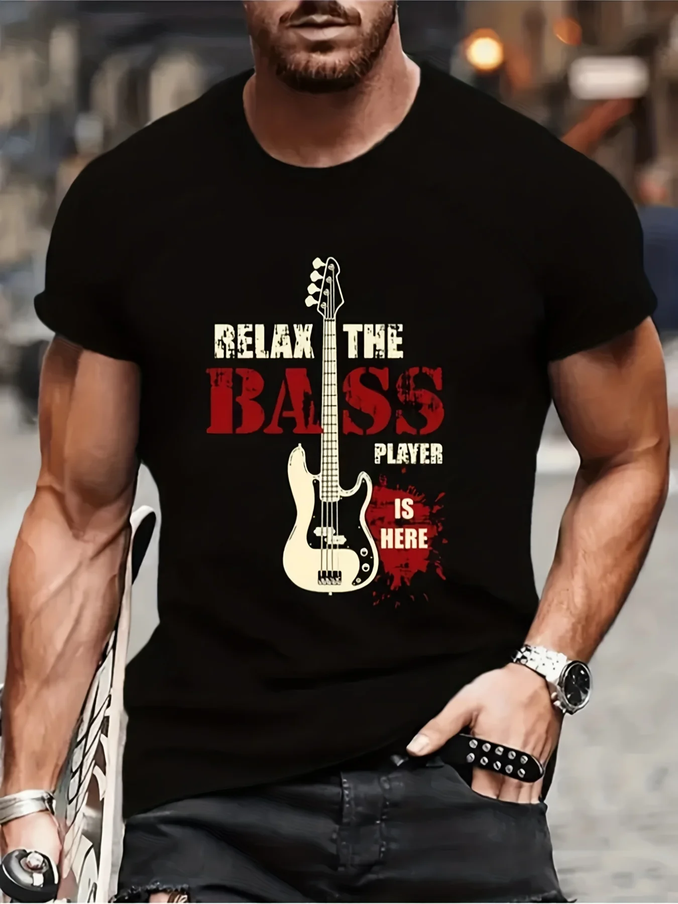 Streetwear Men's Black Graphic T-Shirt Bass Guitar Relax the Bass Player Is Here Slogan Distressed Music Band Letter Print 100% Cotton Heavyweight Short Sleeve Casual Streetwear Tee