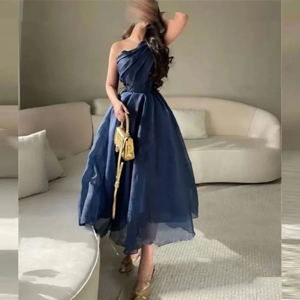 Elegant One-Shoulder Navy Blue Graduation Formal Party Gowns Pretty Ruffles Pleat Girls Tea-length Prom Dresses Cocktail Dress