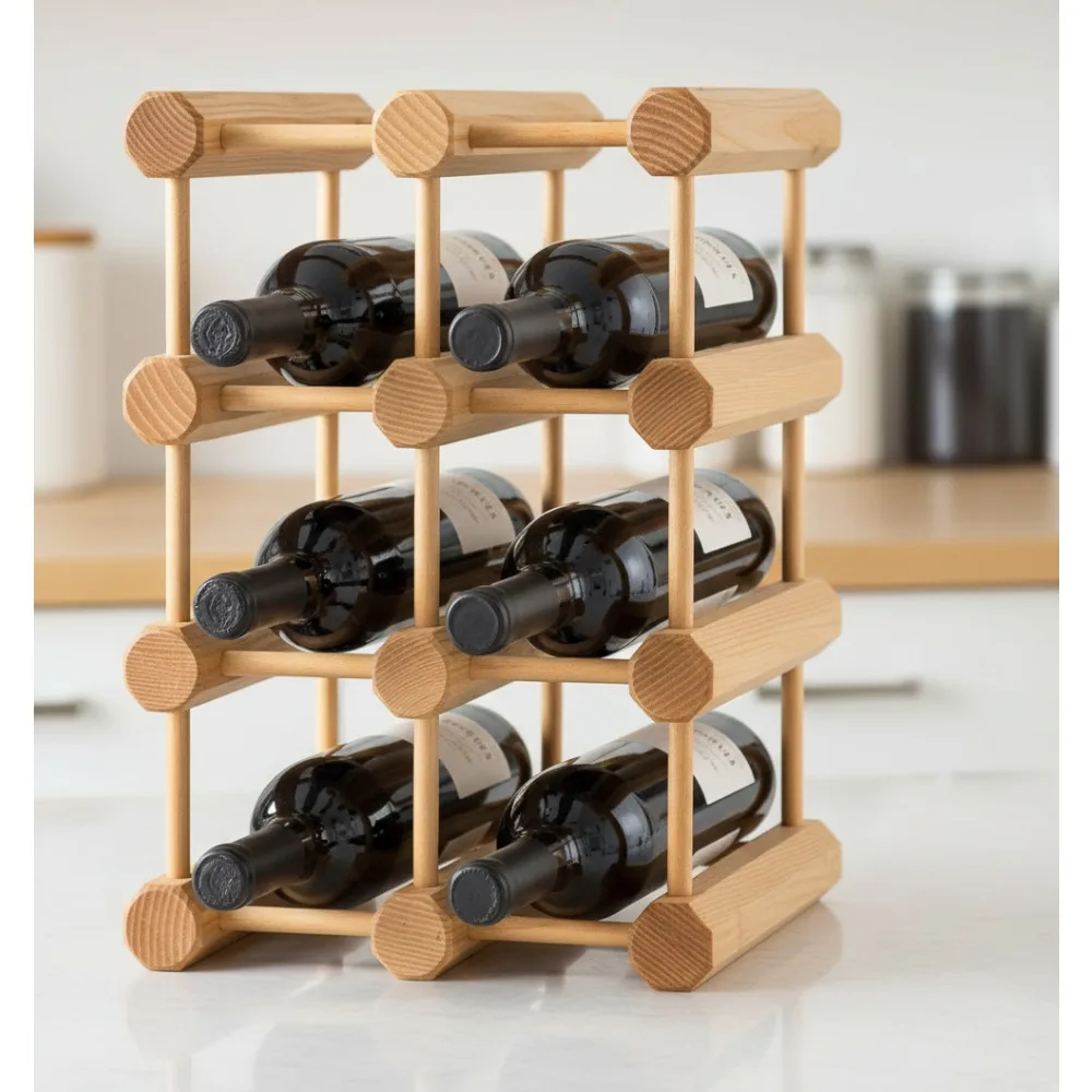 

Stackable Wood Wine Rack Holder, Modular Storage for 12 Bottles, Natural Ash Finish for Home Bar