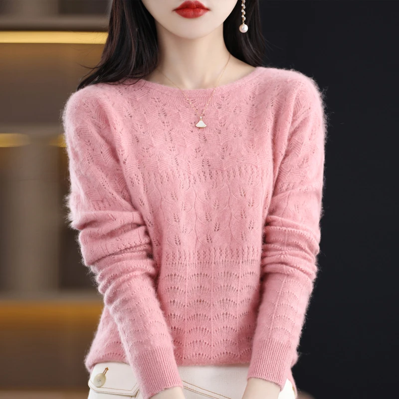 Spring Autumn New 100 Pure Wool Women's Round Neck Pullover One-line Ready-to-wear Hollow Knitted Long Sleeve Top Loose Cashmere