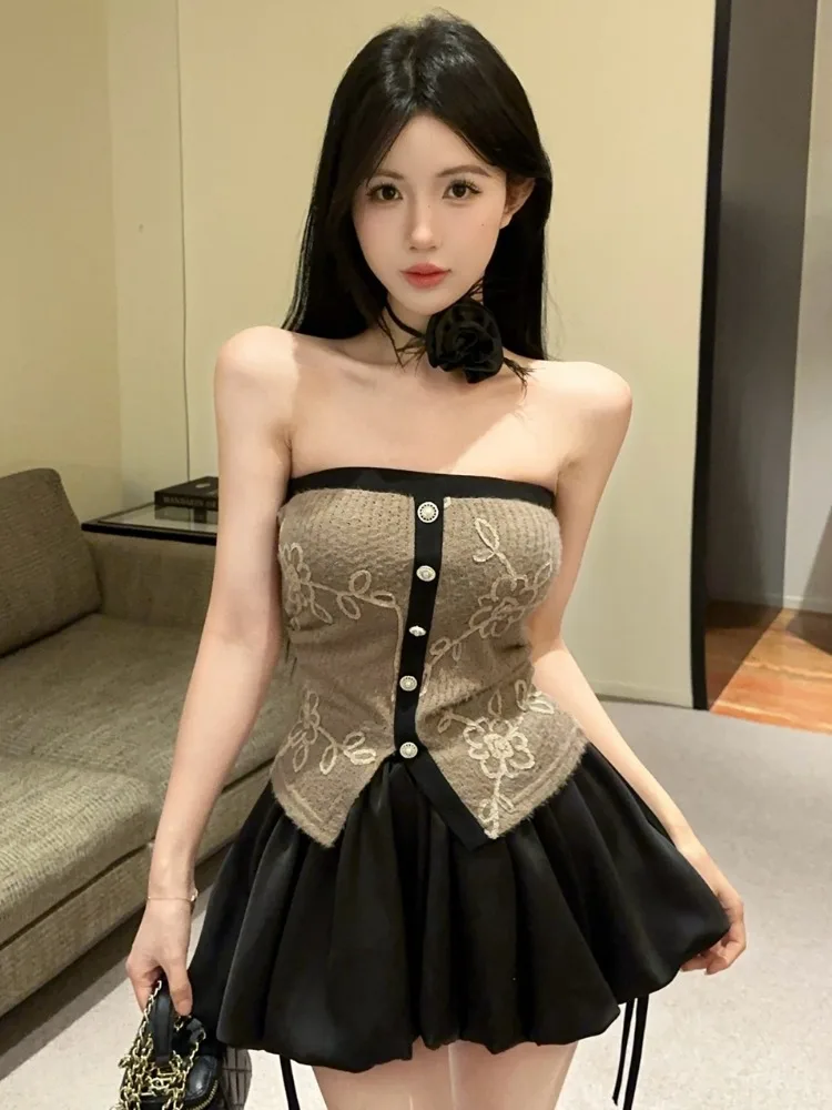 

Sweet Floral Print Scarf High Waist Puffy Skirt Set Women's Knitted Tube Top Summer New Sle Versatile Floral Patterned Outfit