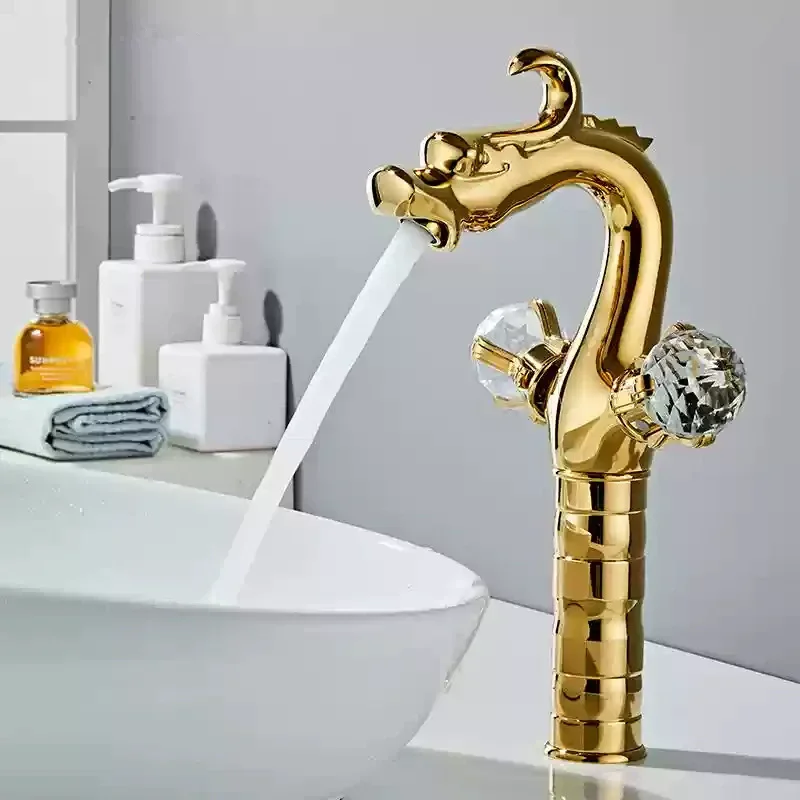 Gold Dragon Bathroom Faucet Copper Antique Bathroom Basin Faucet Cold & Hot BlackWater Mixer Sink Tap Double Handle Lavotory Tap