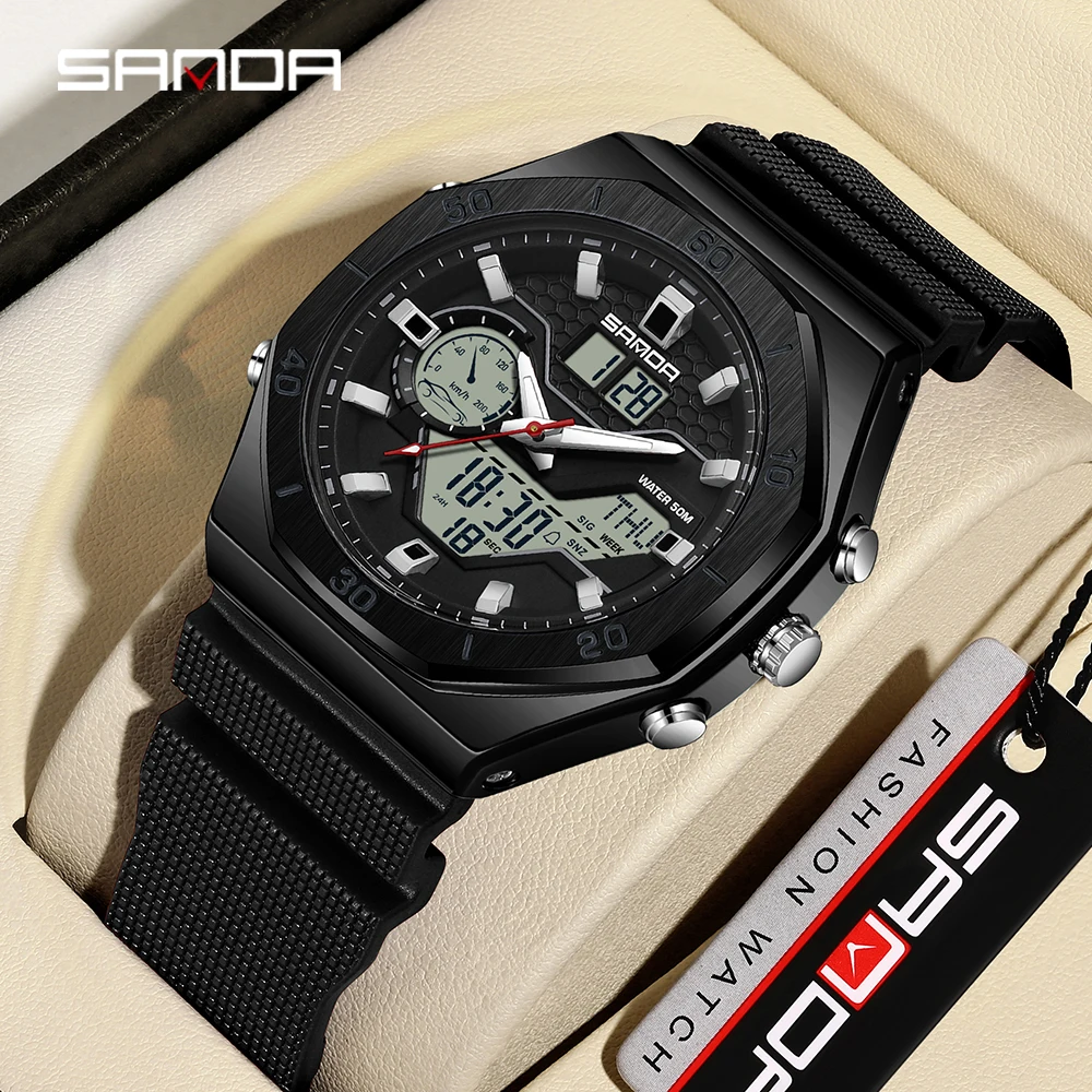 SANDA 6209 Men Waterproof Watches Quartz Countdown Three Local Time Digital Watch Alarm Electronic Wristwatch reloj de hombre