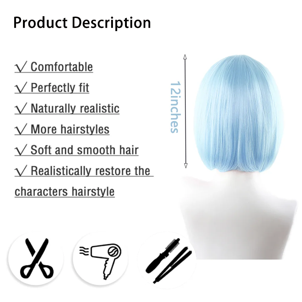 أنيمي رام ريم تأثيري الشعر الاصطناعية 12 بوصة شعر مستقيم قصير مع الانفجارات مرحلة الأداء شعر مستعار يومي مقاومة للحرارة الطبيعية