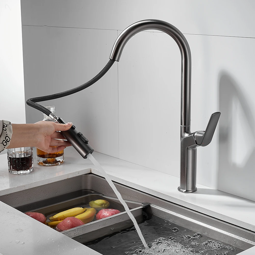 

TOLM Gray Kitchen Faucet Pull Out Kitchen Sink Water Tap Single Handle Mixer Tap 360 Rotation chrome Kitchen Shower Faucet
