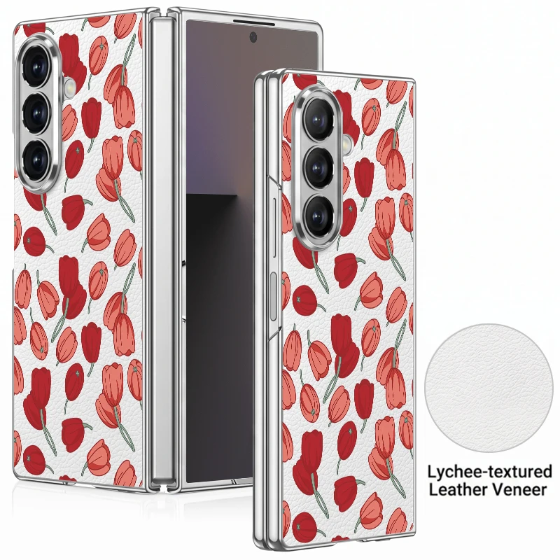 Cute Flower Pattern PU Leather Phone Case For Samsung Galaxy Z Fold 7 6 5 Fold7 Fold6 Fold5 Plating Frame Hard PC Folding Cover