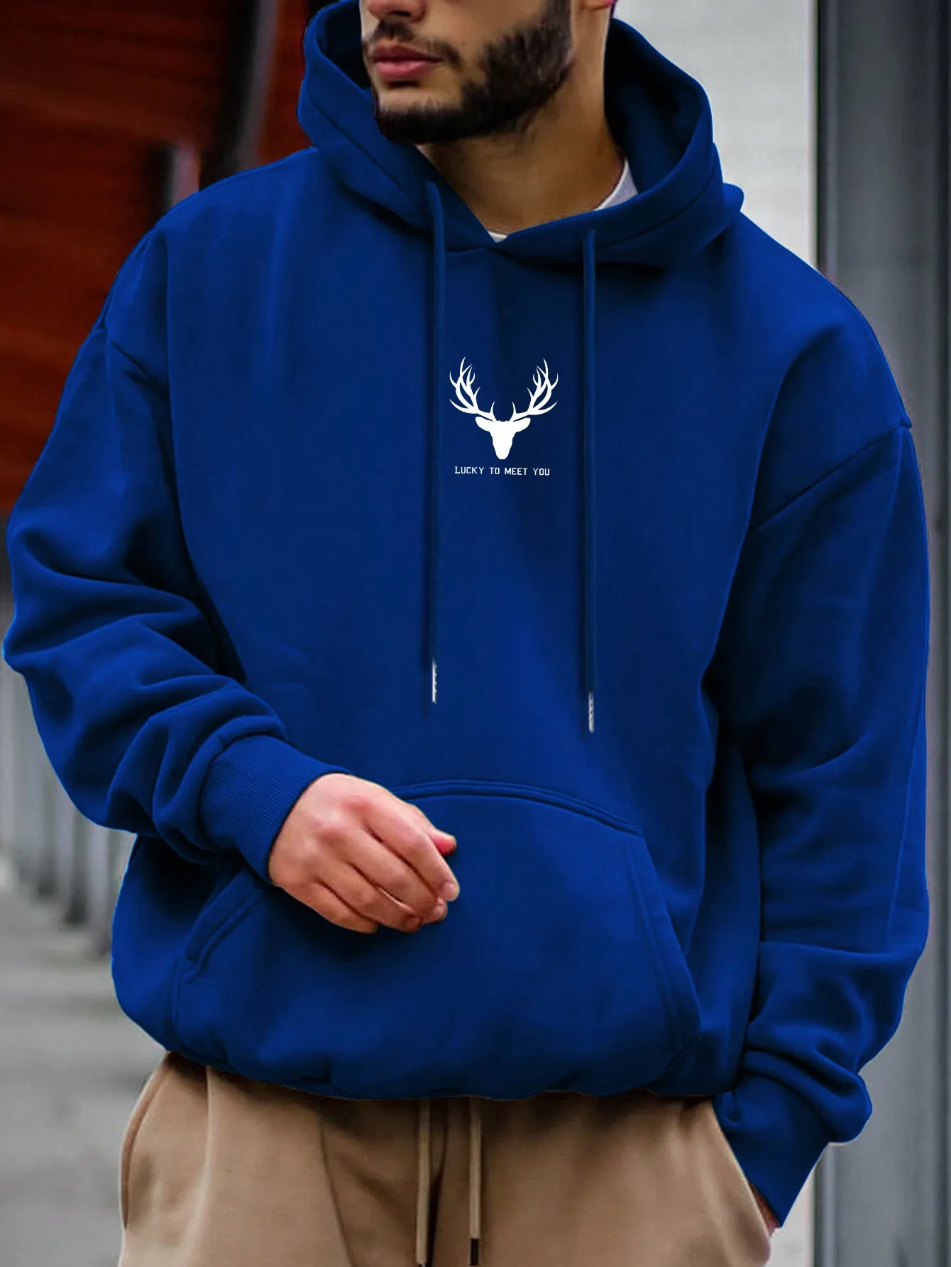 Simple Antler Printing Mens Hoodies Casual Street Style Clothing Hot Sale Creative Pullover Pocket Autumn And Winter Hoody