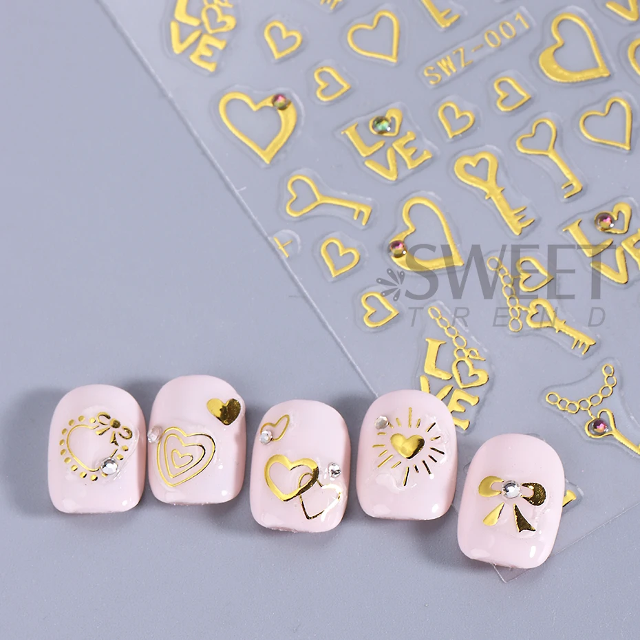 3D Bronzing Gold Liebe Herz Nail art Aufkleber Valentine Design Key Lock Bogen Klebe Sliders Nagel Aufkleber DIY Maniküre Dekoration