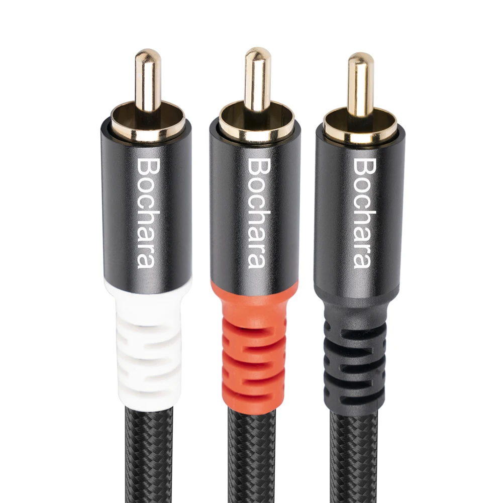 Bochara Braided RCA Male to 2RCA Male OFC Audio Cable Y Splitter Foil+Braided Shielded For Subwoofer Speaker Amplifier