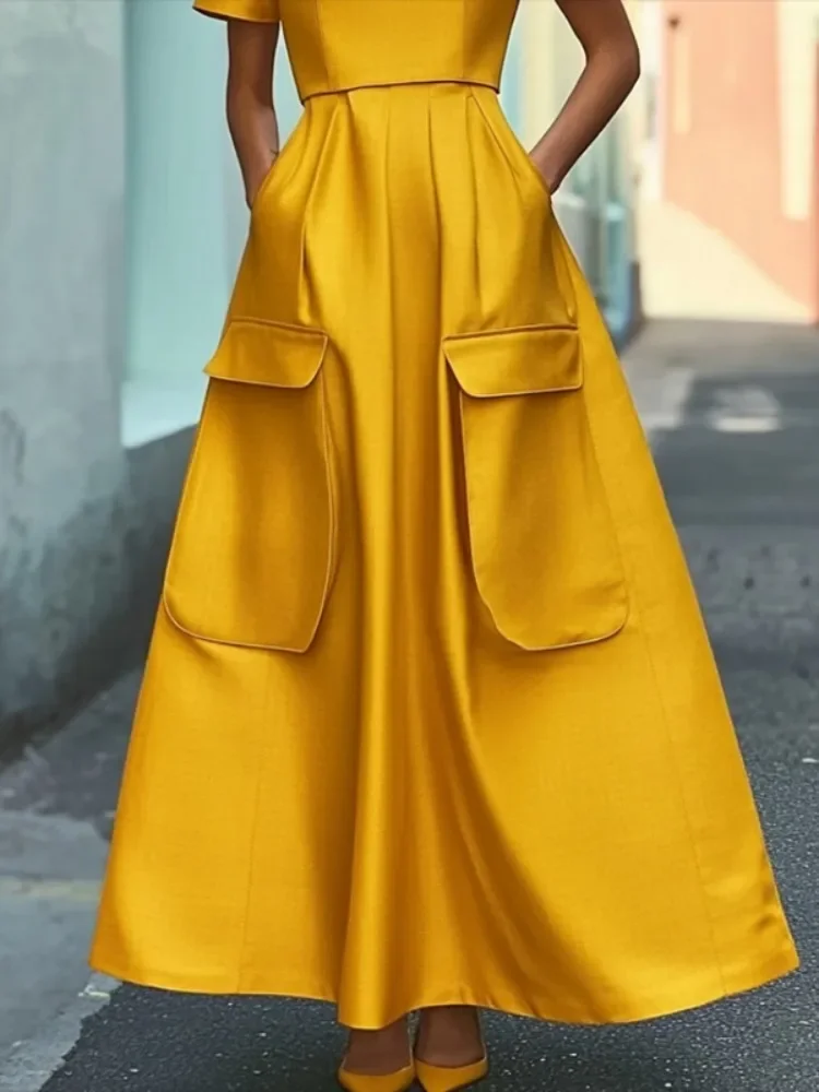 Vestido de verano plisado amarillo elegante para mujer, novedad de 20225, Vestidos femeninos con bolsillos a la moda, bata informal de cintura alta para mujer