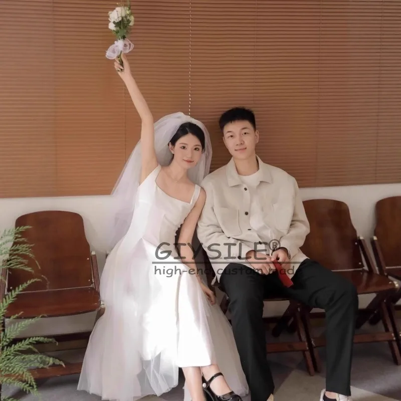 GIYSILE 맞춤형 화이트 패션 라이트 웨딩 새틴 간단한 스퀘어 타이 슬링 민소매 a 라인 메쉬 파티 드레스 기질
