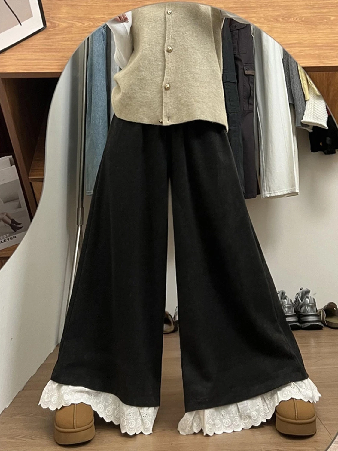 Spring 2026 New Sle Women's Loose Wide Leg Pants with Lace Trim Elastic Waist Casual Faionable Trousers for Ladies