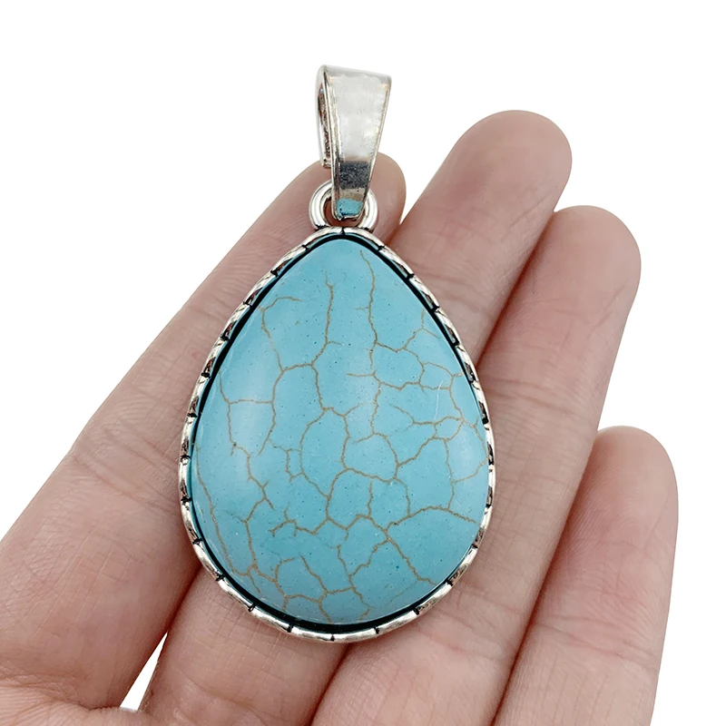 2Pcs Antique Silver Color Large Imitation Turquoise Stone Charms Pendants for DIY Necklace Jewellery Making Findings Accessories