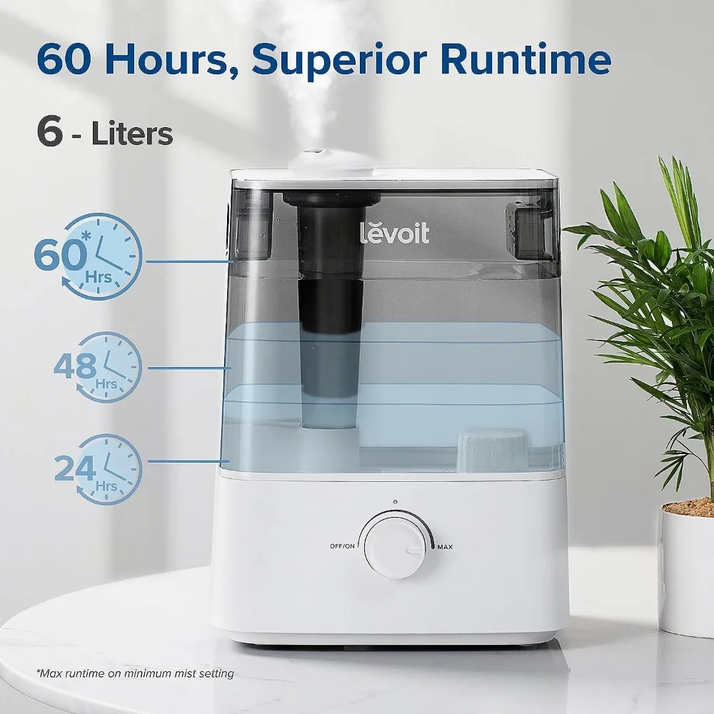 Ultrasonic Top Fill Humidifier, Large 6L Tank Last 60-Hour, Super Quiet, 360° Rotation Nozzle, Knob Control, Auto Shut Off, Gray 2